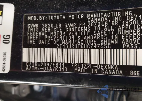 2017 Toyota Corolla L/Le/Xle/Se/Xse from USA, damaged, VIN 2T1BURHE6HC747556